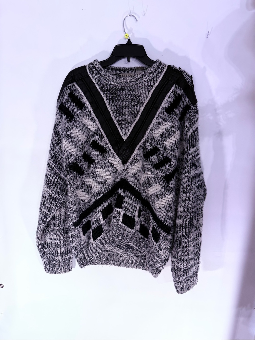 NICHOLAS Chunky Knit Crew Neck Sweater with real leather V accent.